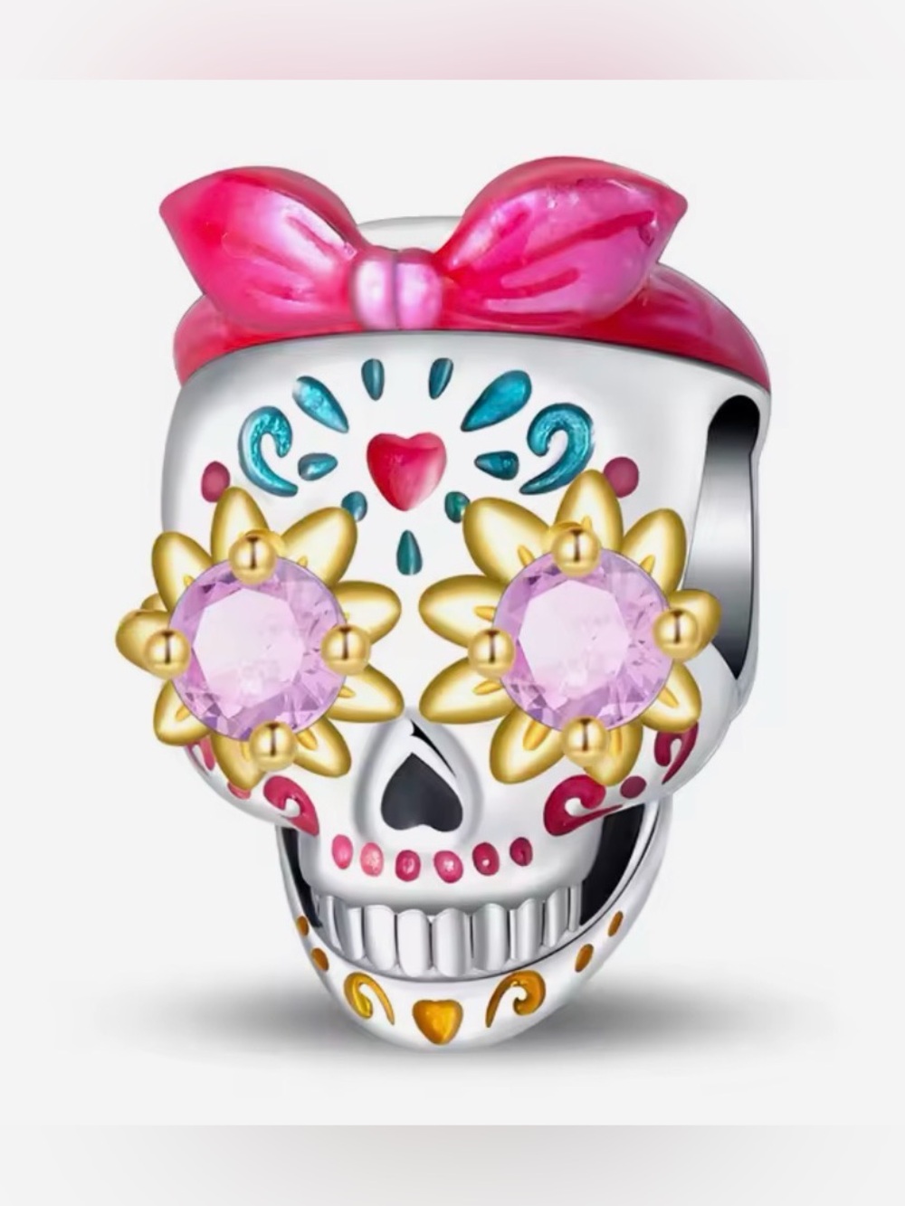 Silver, Gold & Pink Bow Sugar Skull Charm